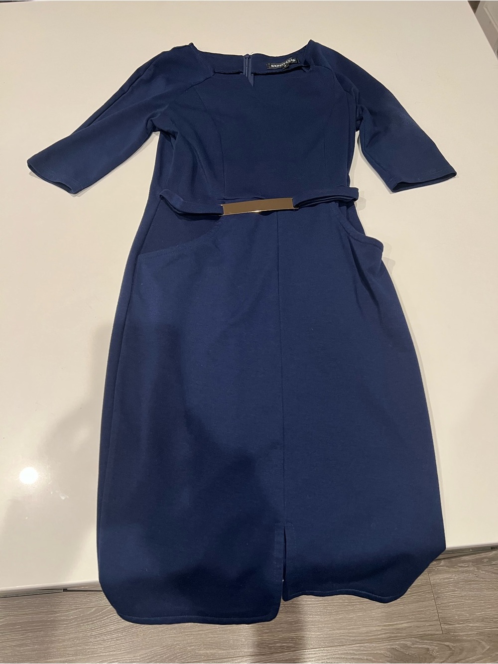 Classic Navy Midi Sheath Dress with Slim Belt